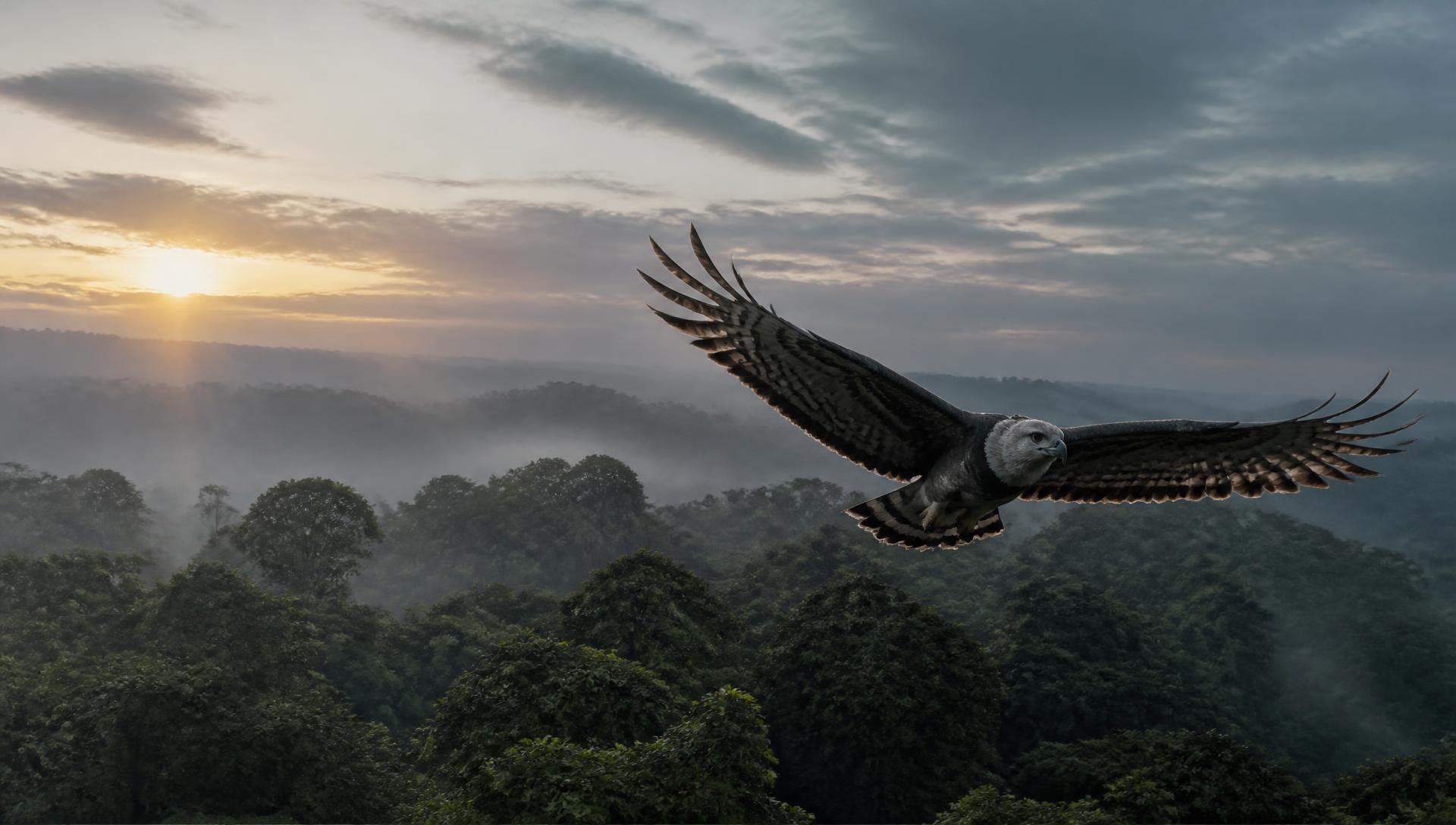 Gavião-real em voo sobre a floresta brasileira ao amanhecer